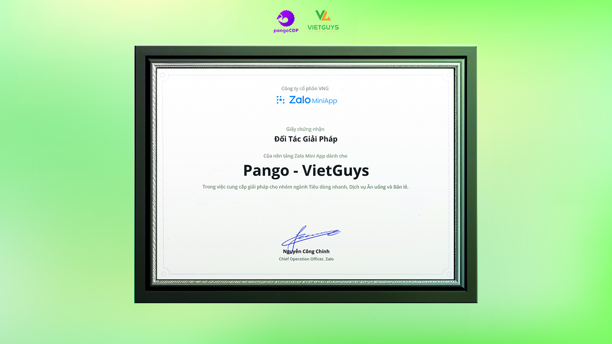 Certificate of cooperation between VietGuys and Zalo Mini App.